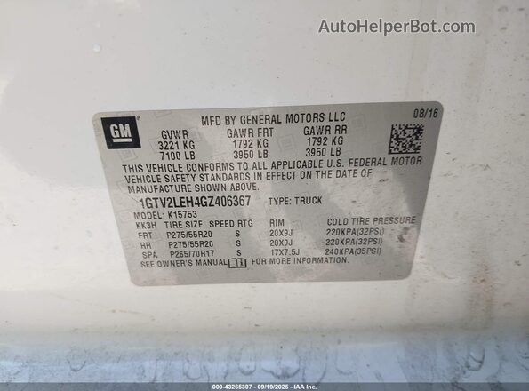 1GTV2LEH4GZ406367 2016 GMC SIERRA Белый 