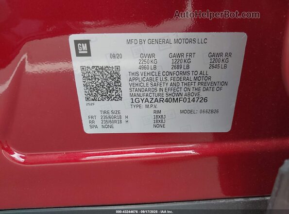 1GYAZAR40MF014726 2021 CADILLAC XT4 Красный Вид подкапотного пространства