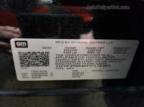 1GYFZDR40PF172303 2023 CADILLAC XT4 Черный Вид наклейки с VIN-кодом