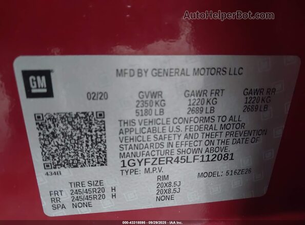 1GYFZER45LF112081 2020 CADILLAC XT4 Red Vista del compartimento del motor