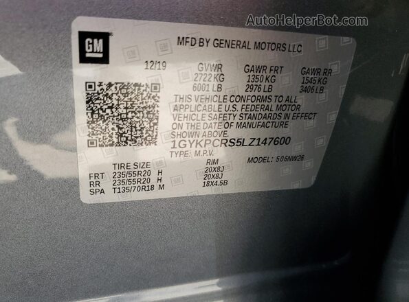 1GYKPCRS5LZ147600 2020 CADILLAC OTHER Gray VIN կոդի պիտակի տեսք