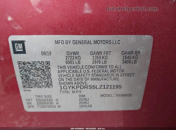 1GYKPDRS5LZ121195 2020 CADILLAC OTHER Red Engine compartment view