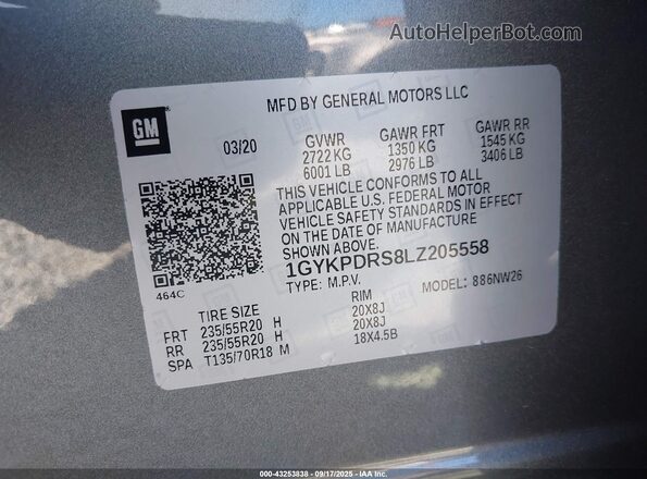 1GYKPDRS8LZ205558 2020 CADILLAC OTHER Серебряный Вид подкапотного пространства