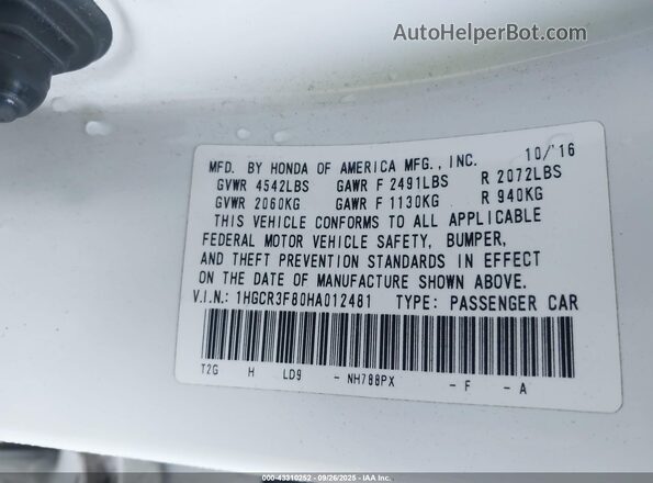 1HGCR3F80HA012481 2017 HONDA ACCORD White Engine compartment view