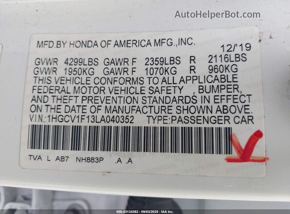 1HGCV1F13LA040352 2020 HONDA ACCORD White Շարժիչի բաժամունքի տեսք