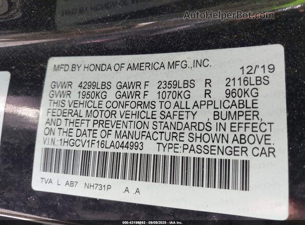 1HGCV1F16LA044993 2020 HONDA ACCORD Black Engine compartment view