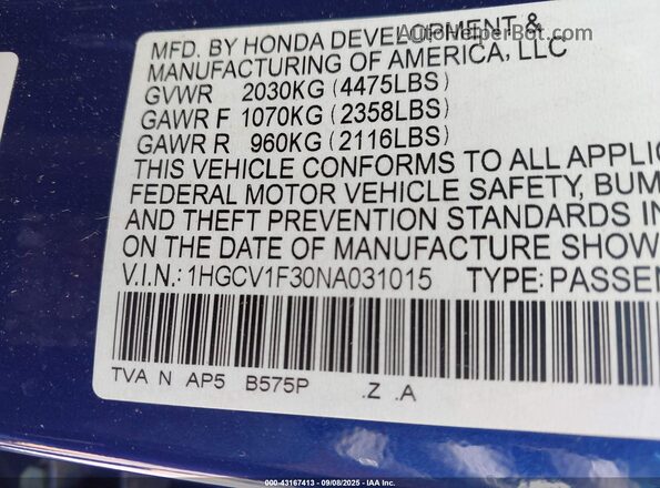 1HGCV1F30NA031015 2022 HONDA ACCORD Синий Вид подкапотного пространства