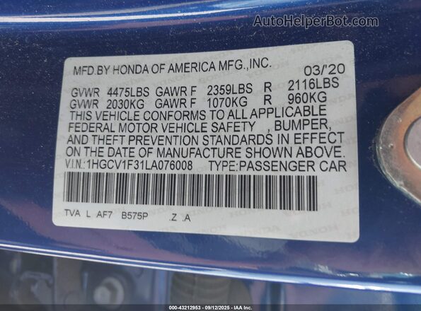 1HGCV1F31LA076008 2020 HONDA ACCORD Blue ძრავის განყოფილების ხედი