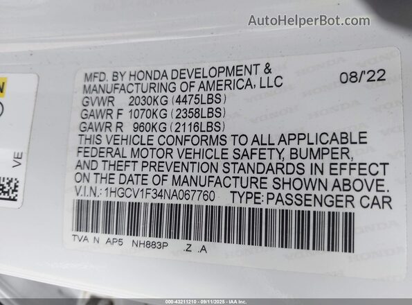1HGCV1F34NA067760 2022 HONDA ACCORD Белый Вид подкапотного пространства