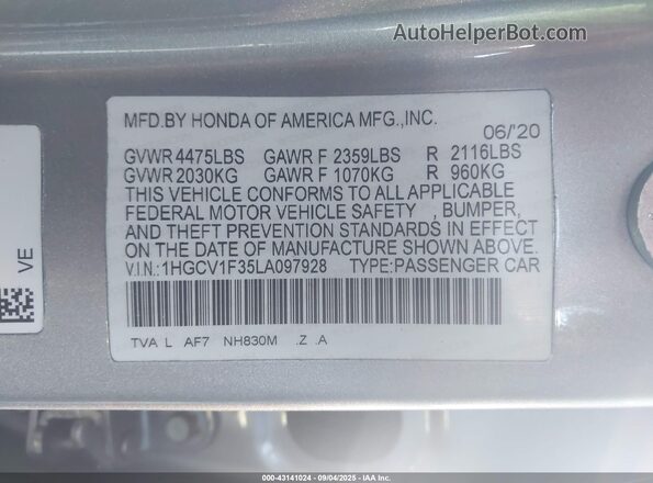 1HGCV1F35LA097928 2020 HONDA ACCORD Silver Widok komory silnika