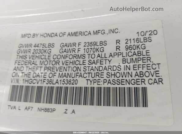 1HGCV1F36LA153620 2020 HONDA ACCORD Белый Вид подкапотного пространства
