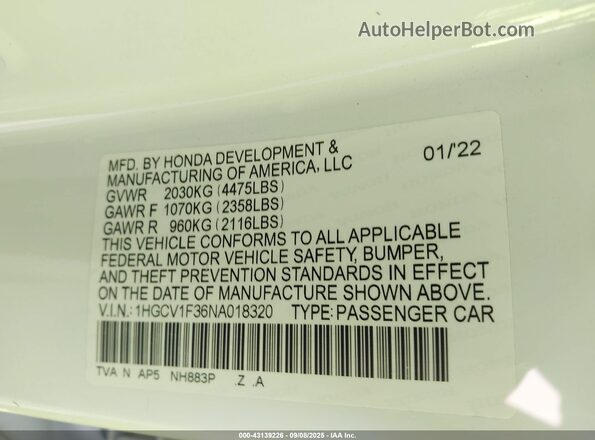 1HGCV1F36NA018320 2022 HONDA ACCORD White Widok komory silnika