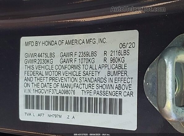 1HGCV1F37LA098076 2020 HONDA ACCORD Pewter Вид подкапотного пространства