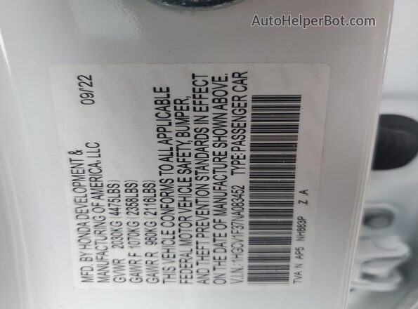 1HGCV1F37NA083452 2022 HONDA ACCORD White 