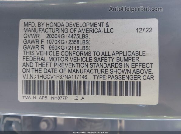 1HGCV1F37NA117146 2022 HONDA ACCORD Gray Widok komory silnika