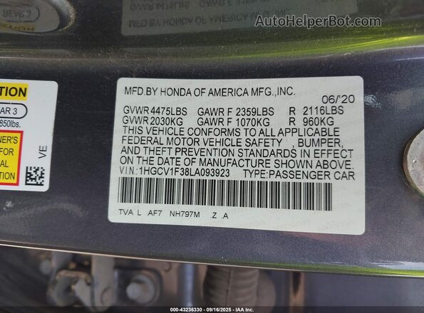1HGCV1F38LA093923 2020 HONDA ACCORD Серый Вид подкапотного пространства