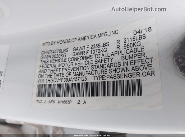 1HGCV1F39JA157125 2018 HONDA ACCORD White Widok komory silnika