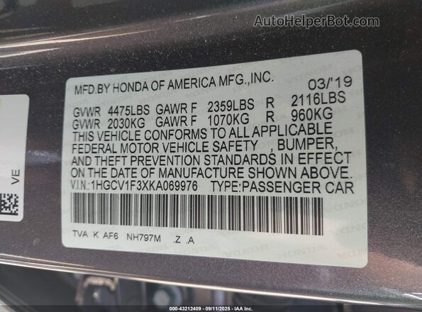 1HGCV1F3XKA069976 2019 HONDA ACCORD Gray ძრავის განყოფილების ხედი