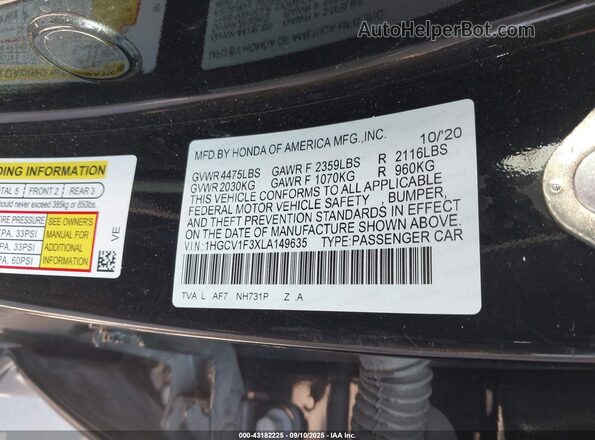 1HGCV1F3XLA149635 2020 HONDA ACCORD Black ძრავის განყოფილების ხედი