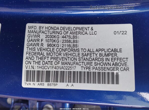 1HGCV1F40NA022517 2022 HONDA ACCORD Blue Engine compartment view