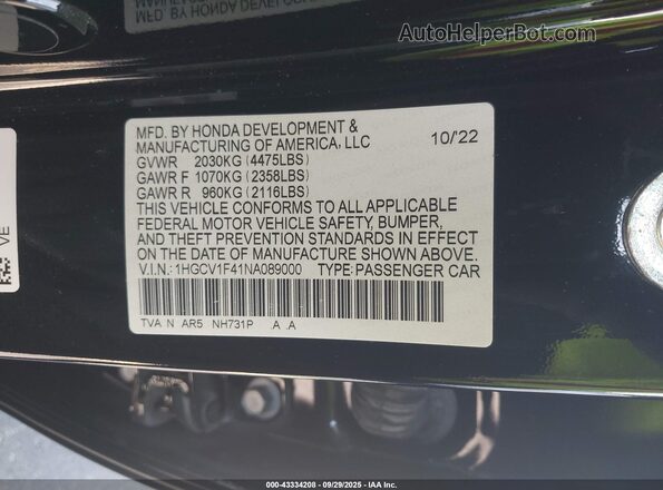1HGCV1F41NA089000 2022 HONDA ACCORD Black Widok komory silnika