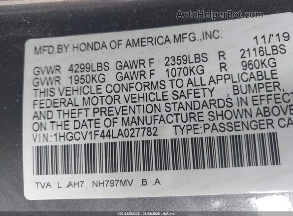1HGCV1F44LA027782 2020 HONDA ACCORD Gray Vista del compartimento del motor