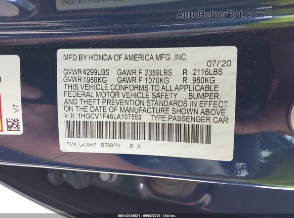 1HGCV1F46LA107553 2020 HONDA ACCORD Blue Engine compartment view