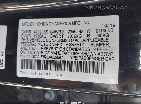 1HGCV1F52LA025697 2020 HONDA ACCORD Black Engine compartment view
