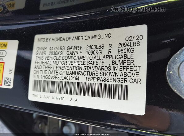 1HGCV2F30LA013164 2020 HONDA ACCORD Черный Вид подкапотного пространства