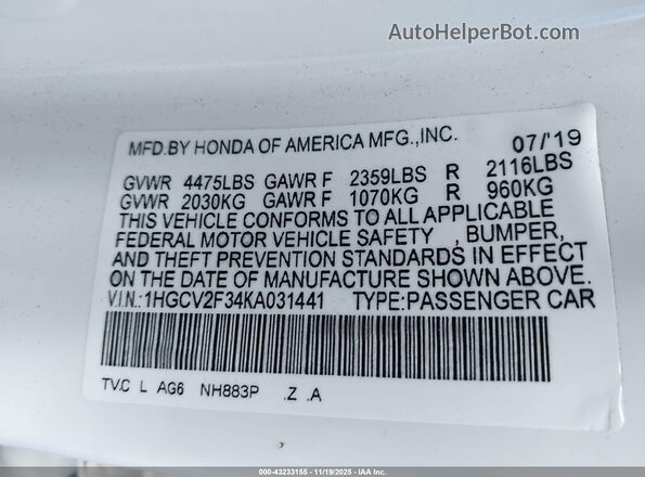 1HGCV2F34KA031441 2019 HONDA ACCORD White Вид підкапотного простору