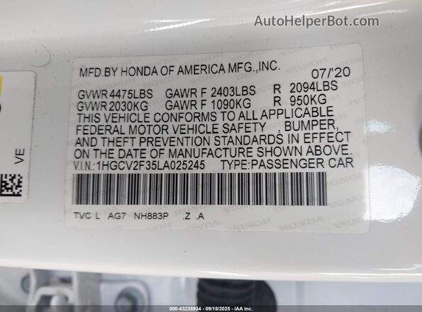 1HGCV2F35LA025245 2020 HONDA ACCORD Белый Вид подкапотного пространства