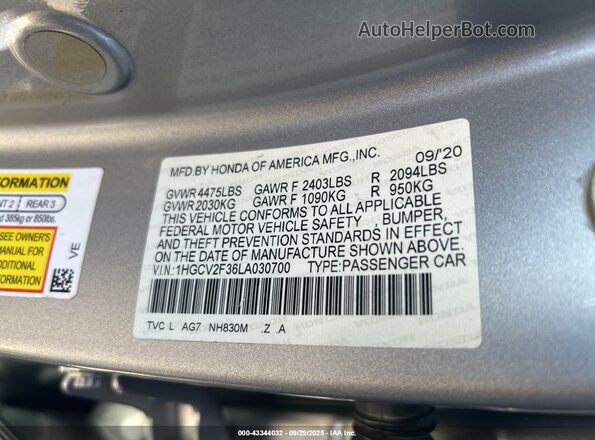 1HGCV2F36LA030700 2020 HONDA ACCORD Silver Շարժիչի բաժամունքի տեսք
