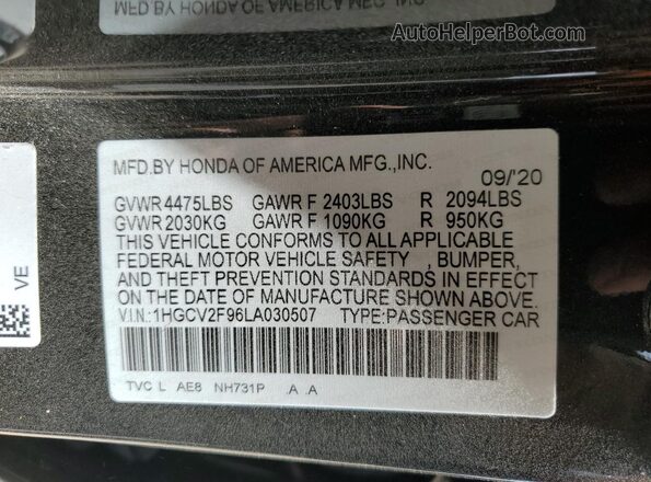 1HGCV2F96LA030507 2020 HONDA ACCORD Black VIN կոդի պիտակի տեսք