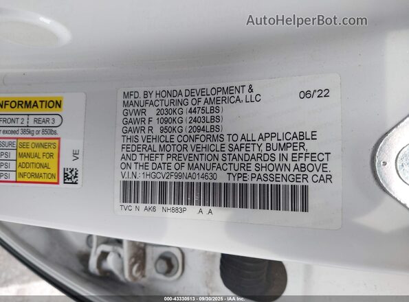 1HGCV2F99NA014630 2022 HONDA ACCORD White Вид підкапотного простору