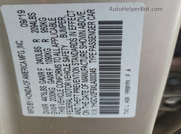 1HGCV2F9XLA000345 2020 HONDA ACCORD Cream ძრავის განყოფილების ხედი