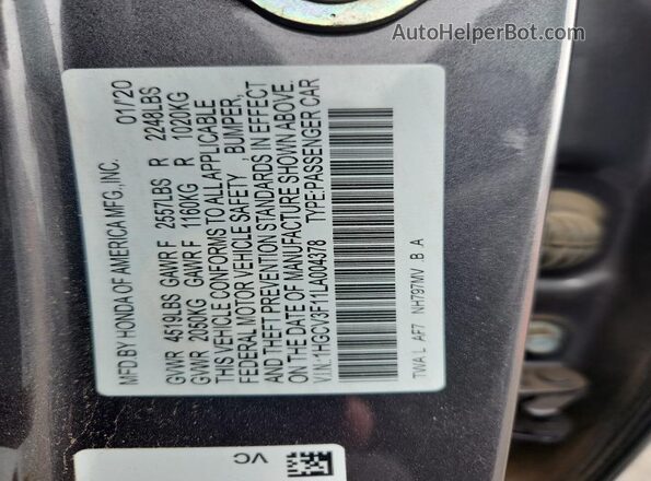 1HGCV3F11LA004378 2020 HONDA ACCORD Charcoal Engine compartment view