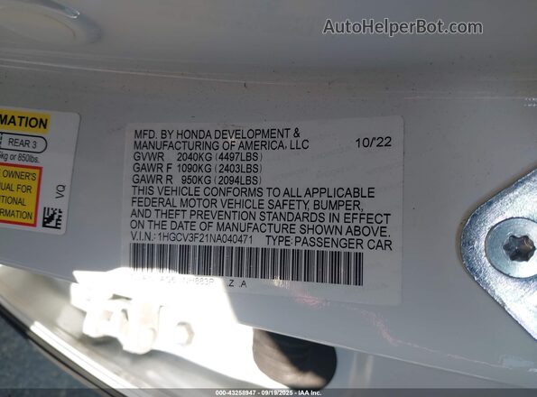 1HGCV3F21NA040471 2022 HONDA ACCORD White Widok komory silnika