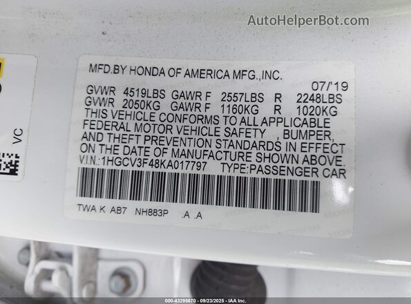 1HGCV3F48KA017797 2019 HONDA ACCORD HYBRID White 