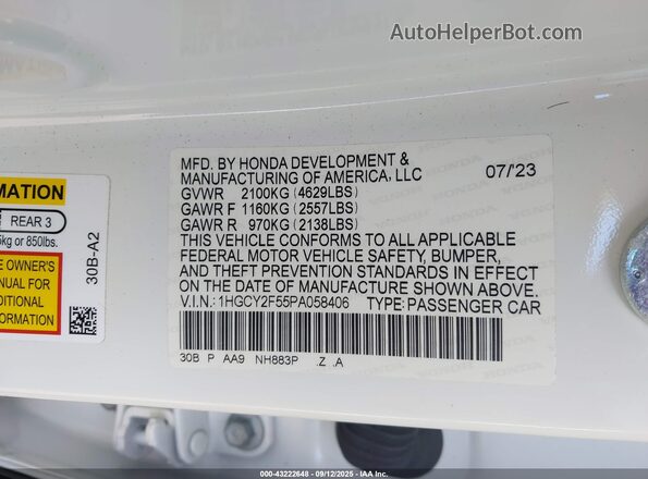 1HGCY2F55PA058406 2023 HONDA ACCORD White Вид підкапотного простору