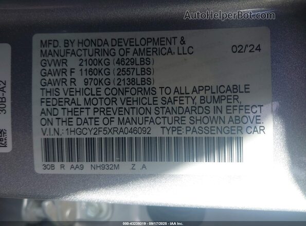 1HGCY2F5XRA046092 2024 HONDA ACCORD HYBRID Silver 