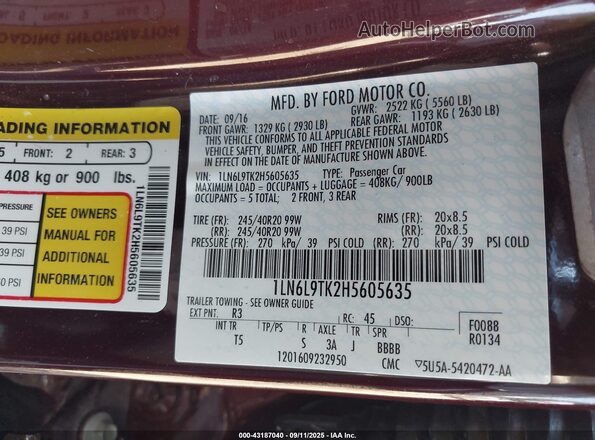 1LN6L9TK2H5605635 2017 LINCOLN CONTINENTA Maroon Vista del compartimento del motor