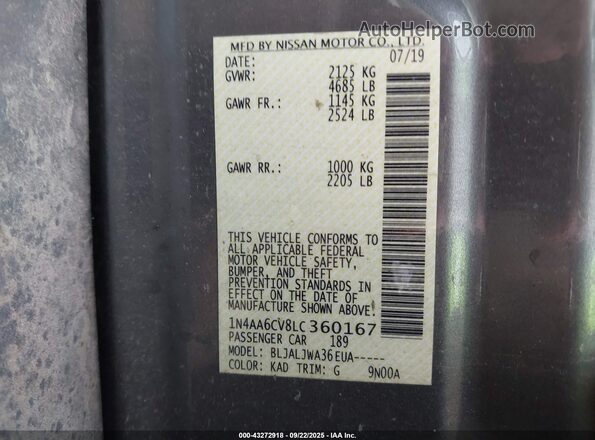 1N4AA6CV8LC360167 2020 NISSAN MAXIMA Gray Engine compartment view