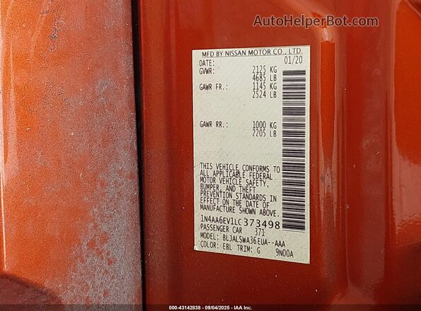 1N4AA6EV1LC373498 2020 NISSAN MAXIMA SR Orange Շարժիչի բաժամունքի տեսք