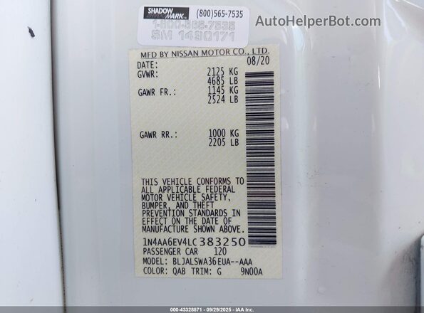 1N4AA6EV4LC383250 2020 NISSAN MAXIMA SR White Вид підкапотного простору