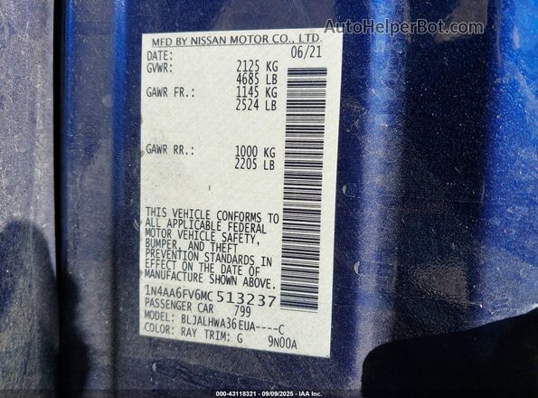 1N4AA6FV6MC513237 2021 NISSAN MAXIMA PLATINUM Blue Engine compartment view