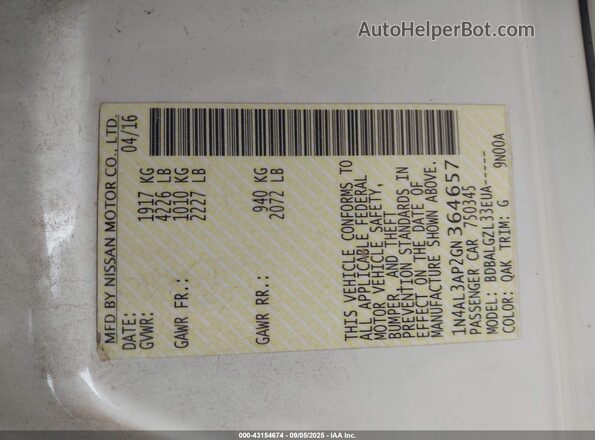 1N4AL3AP2GN364657 2016 NISSAN ALTIMA Белый Вид подкапотного пространства