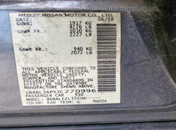 1N4AL3APXJC270996 2018 NISSAN ALTIMA Gray Вид підкапотного простору
