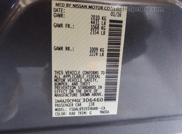 1N4AZ0CP4GC306460 2016 NISSAN LEAF Gray 