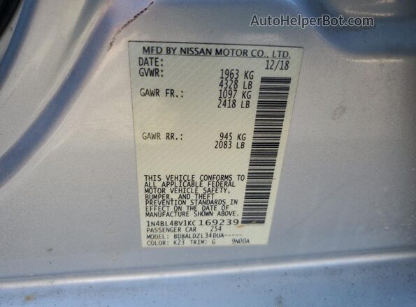 1N4BL4BV1KC169239 2019 NISSAN ALTIMA Gray Շարժիչի բաժամունքի տեսք
