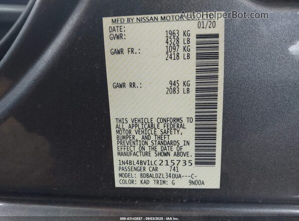 1N4BL4BV1LC215735 2020 NISSAN ALTIMA Gray Вид підкапотного простору